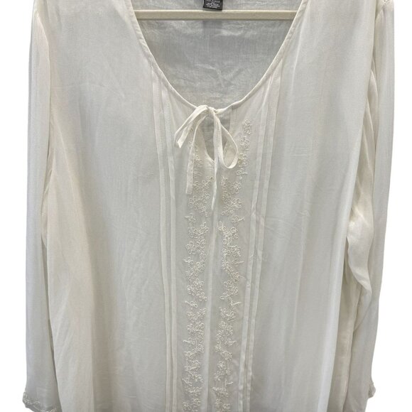 Notations Womens Cream Embroidered Tie-Front Blouse 2X Long Sleeve Tunic Top NWT - Picture 1 of 8
